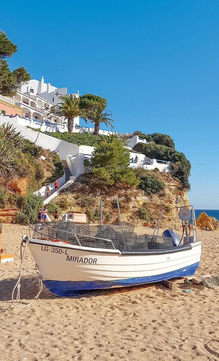 carvoeiro, beach, fishing boat, portugal, nature, landscape, algarve, sand, blue, summer, europe, coast, relaxation, sea, mar, ocean, rock, to dye, multicoloured, bay, water, life, colorful, panorama, location